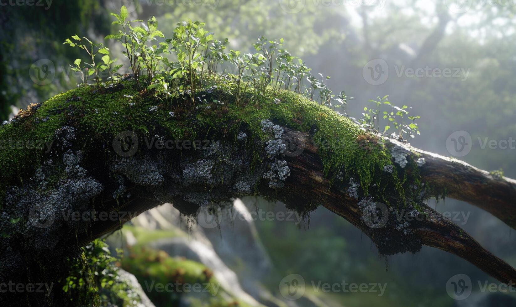 a moss covered tree branch with plants growing on it photo
