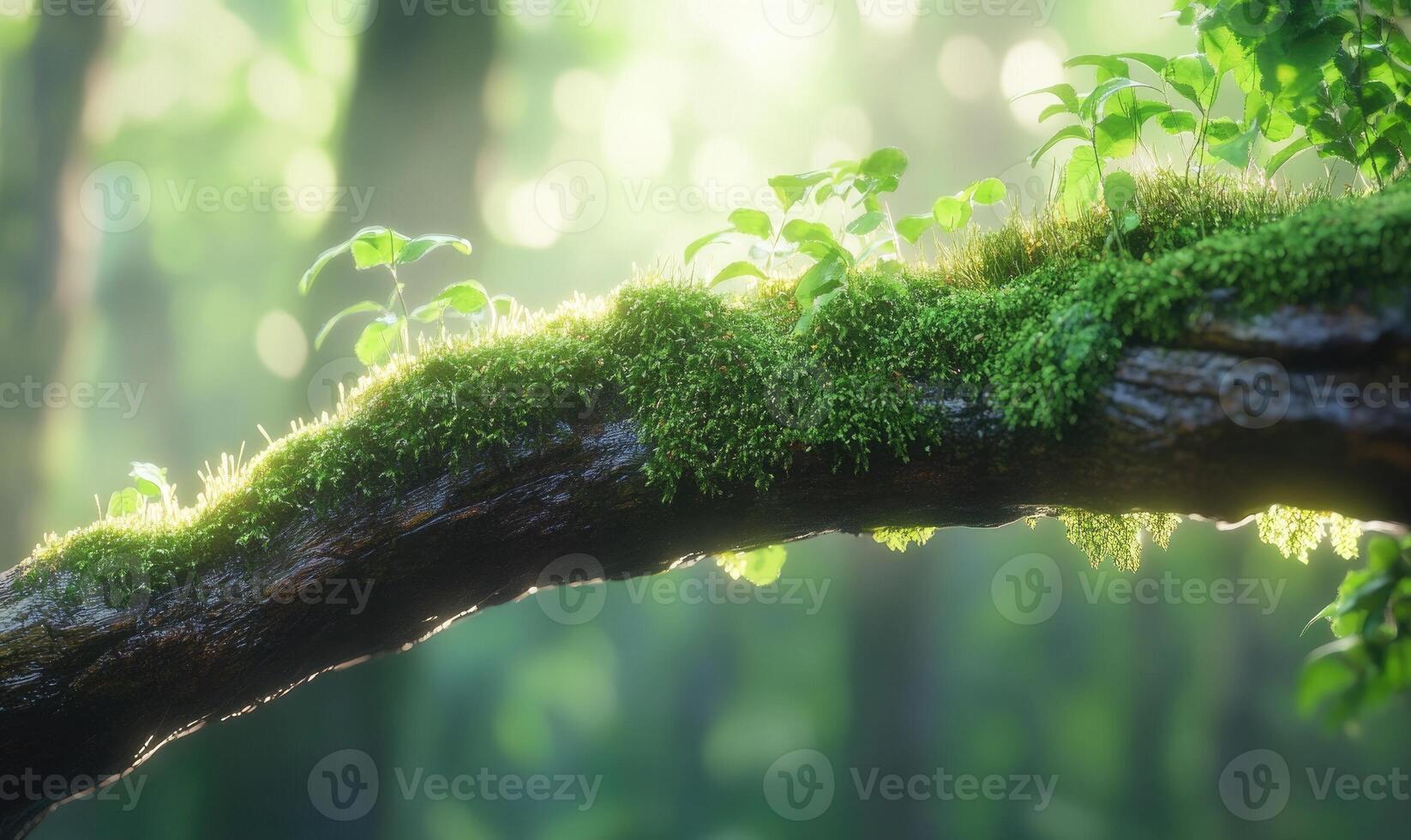 a moss covered tree branch in the forest photo