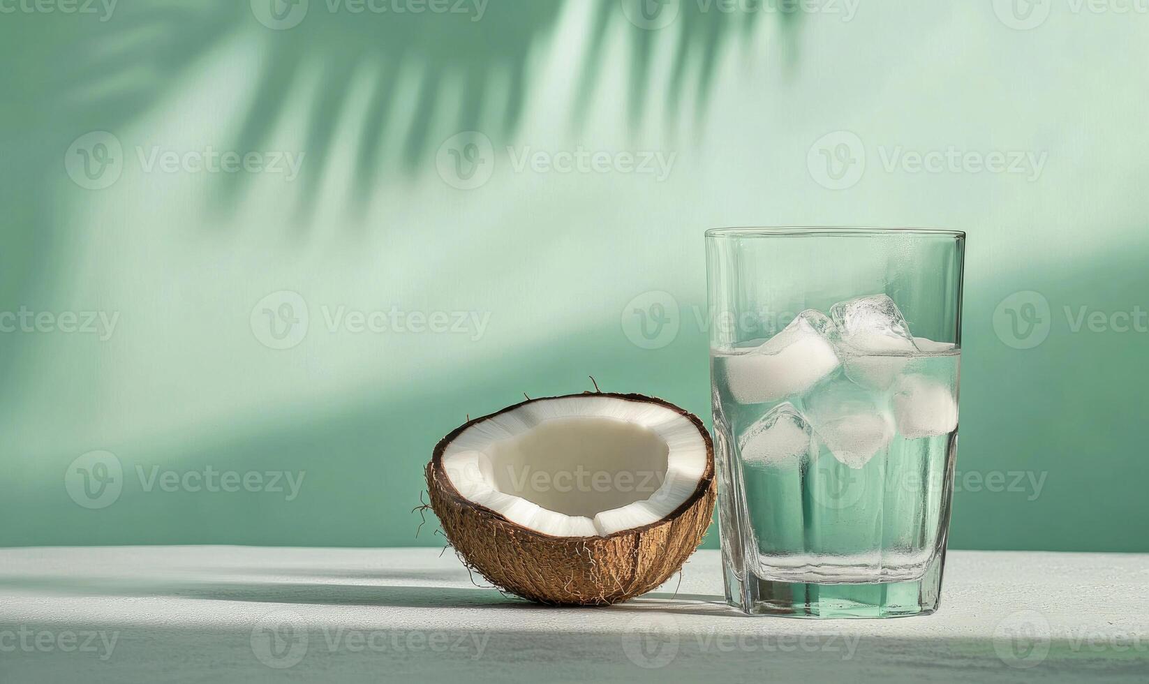 A glass of water with ice cubes in it and a half of a coconut on the table photo