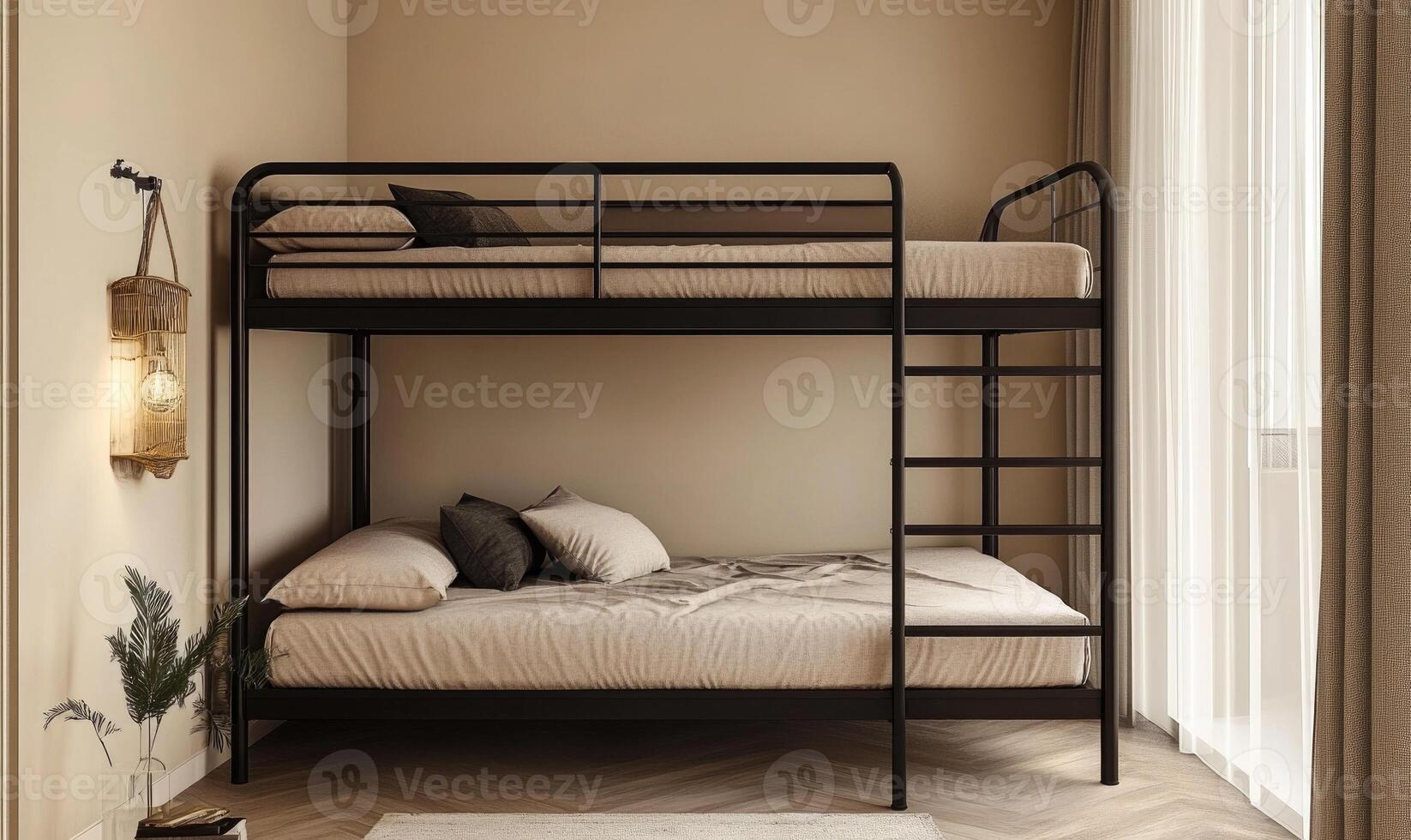 A black bunk bed with a white sheet photo