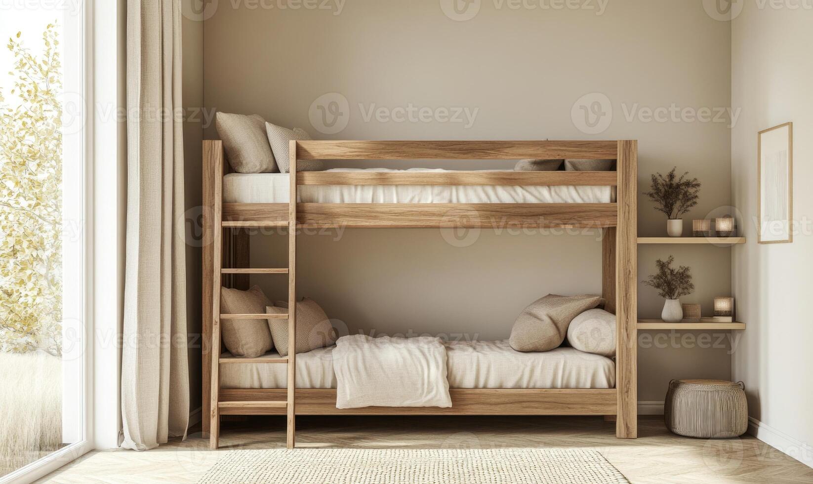 a bedroom with a bunk bed and a window, room view photo