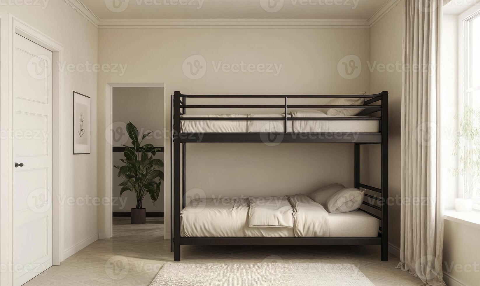 a bedroom with a bunk bed and a white rug photo