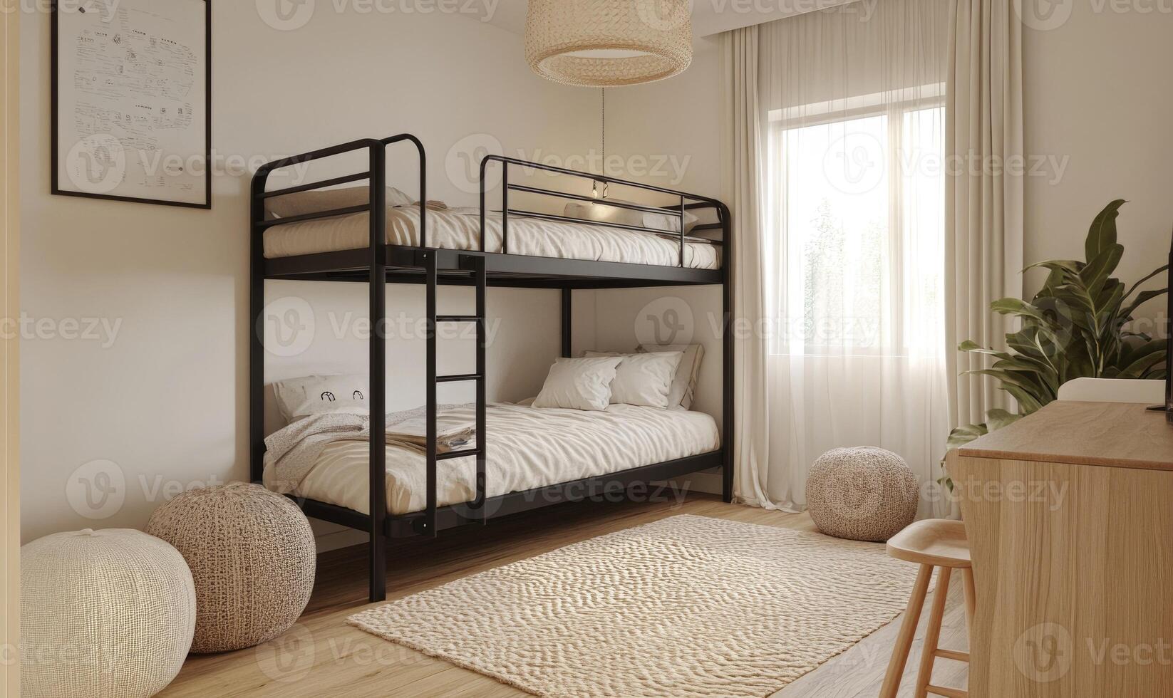 A room with a bunk bed and a window photo