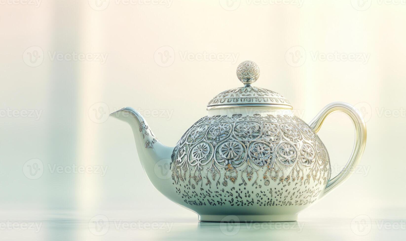 A white tea pot with a gold rim sits on a table photo