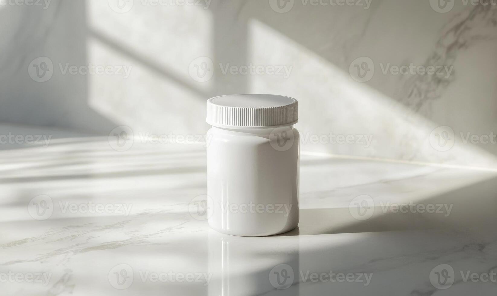 A white jar with a lid sits on a counter photo