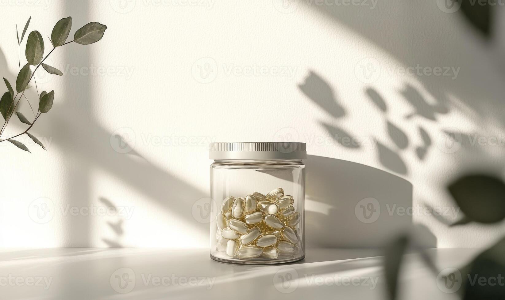 A jar of pills is sitting on a table, light from the window photo