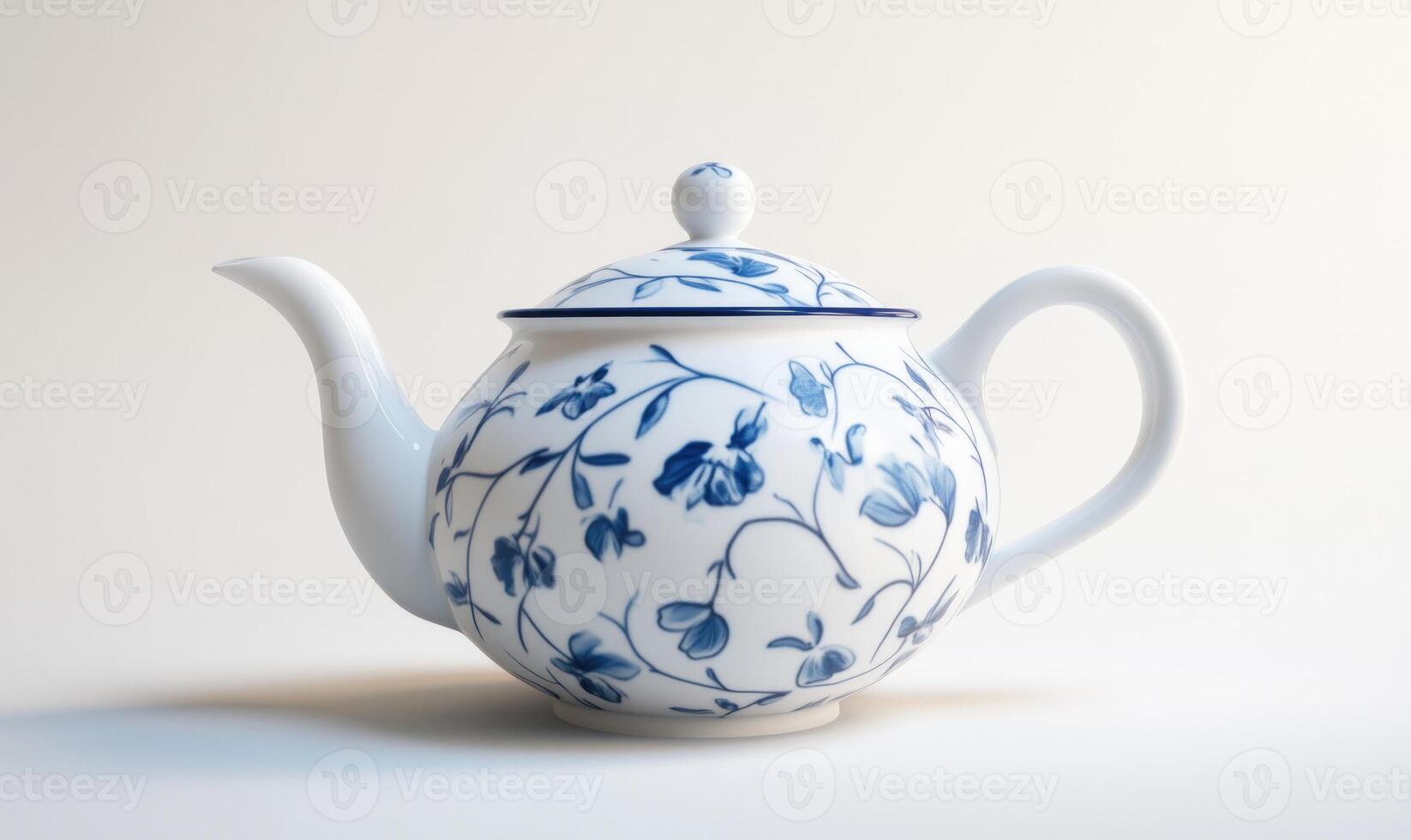 A blue and white tea pot with a blue flower design photo