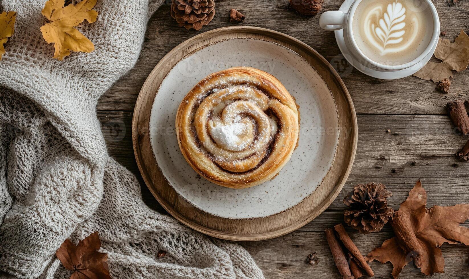 A cinnamon roll sits on a plate on a wooden table photo