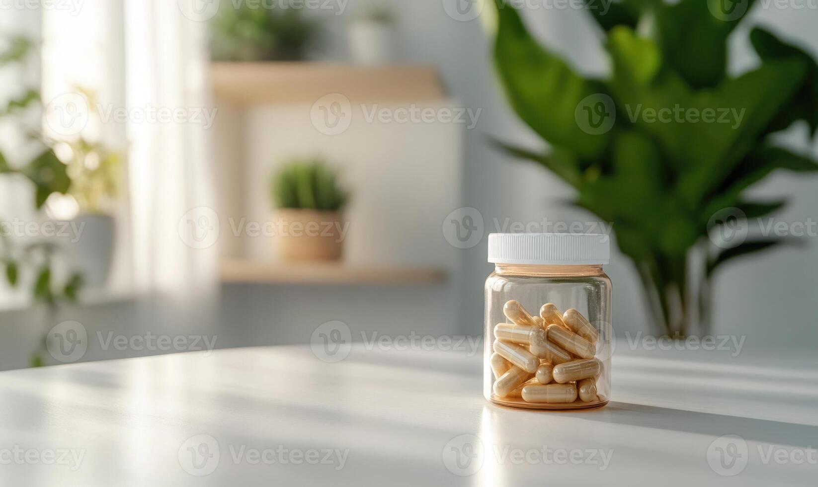 a bottle of pills on a table in front of a plant photo