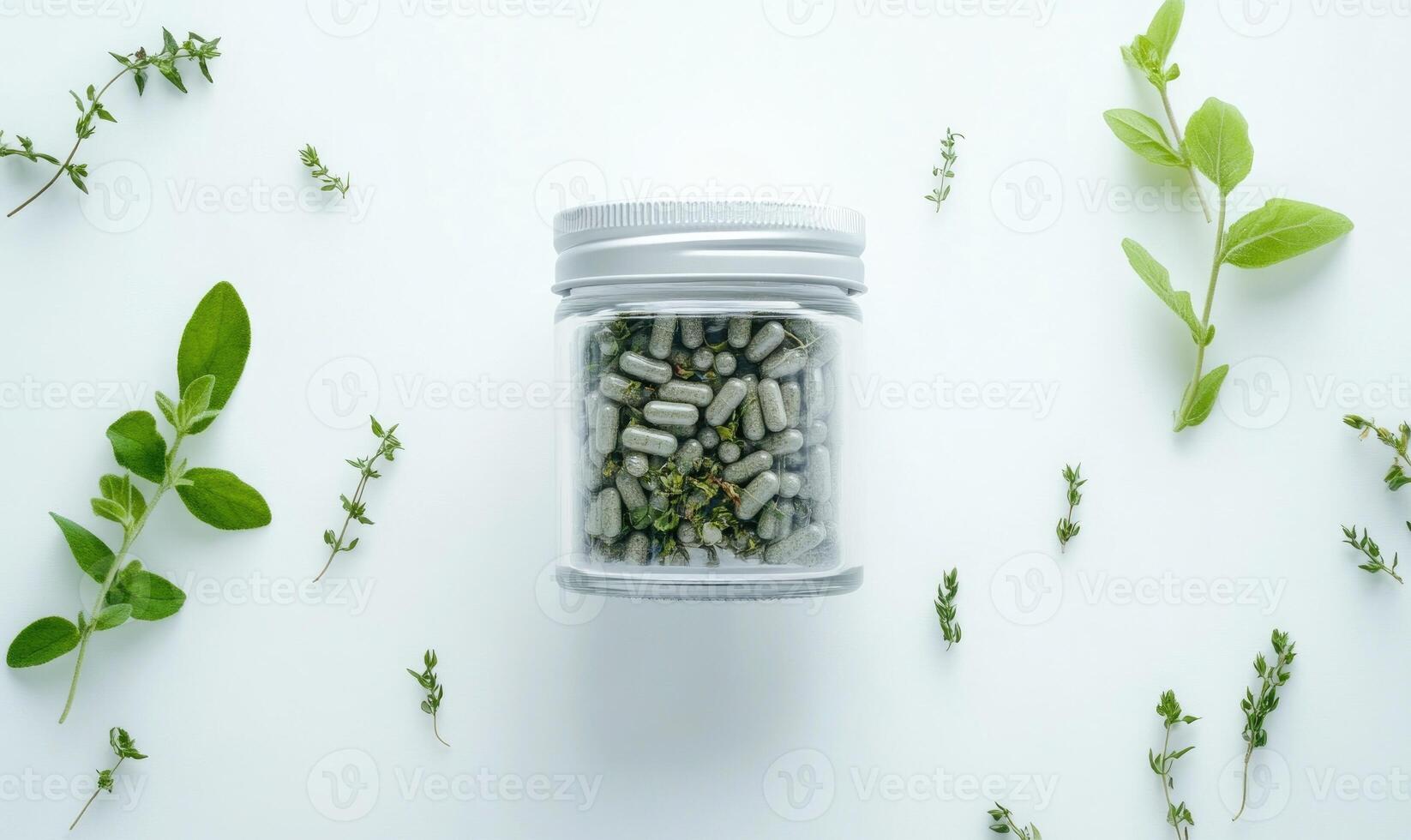 A jar of pills is on a white background with green leaves photo