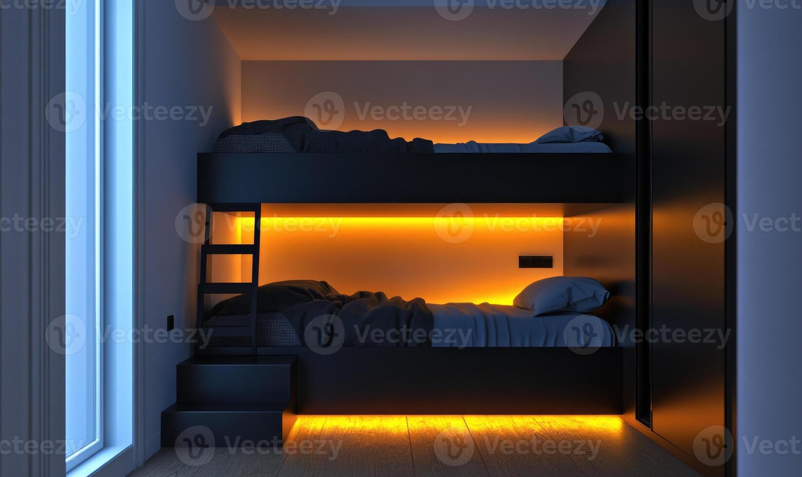 A bunk bed with a ladder and a light on the wall photo