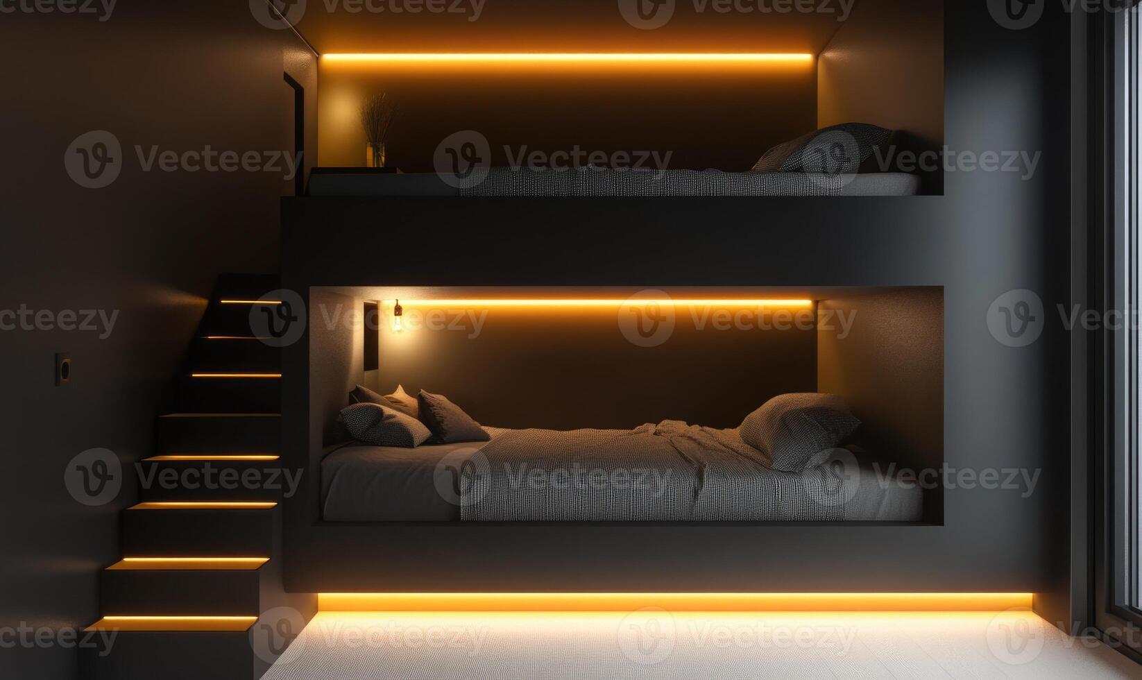 A black bunk bed with a ladder and a light on the wall photo