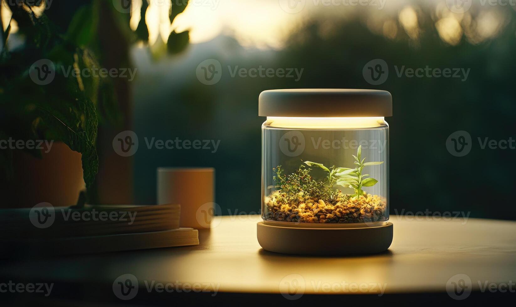 A small plant is in a glass container on a table photo