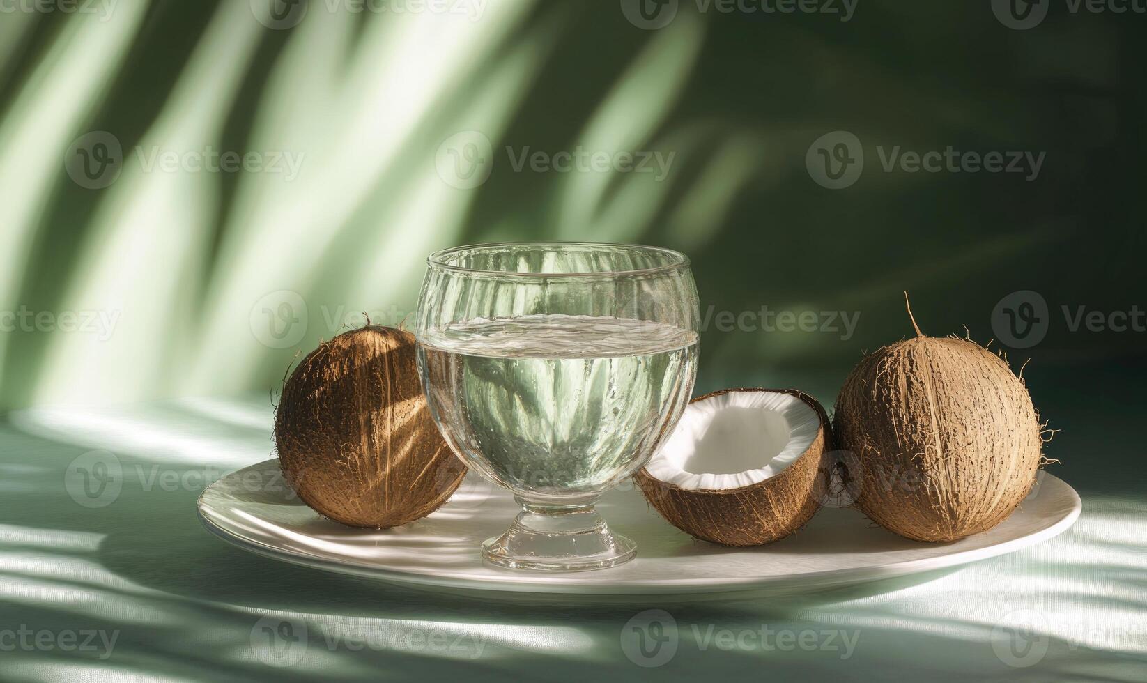A glass of water is on a plate with two coconuts and a coconut shell photo