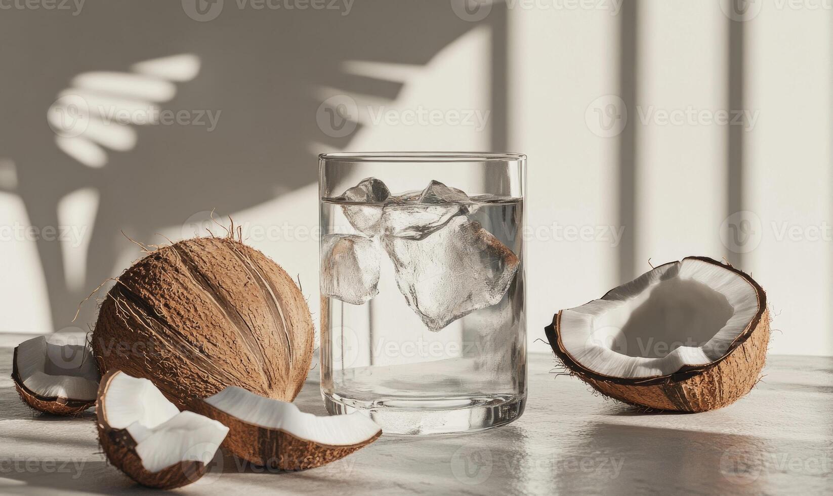 coconut water with ice cubes on a table photo