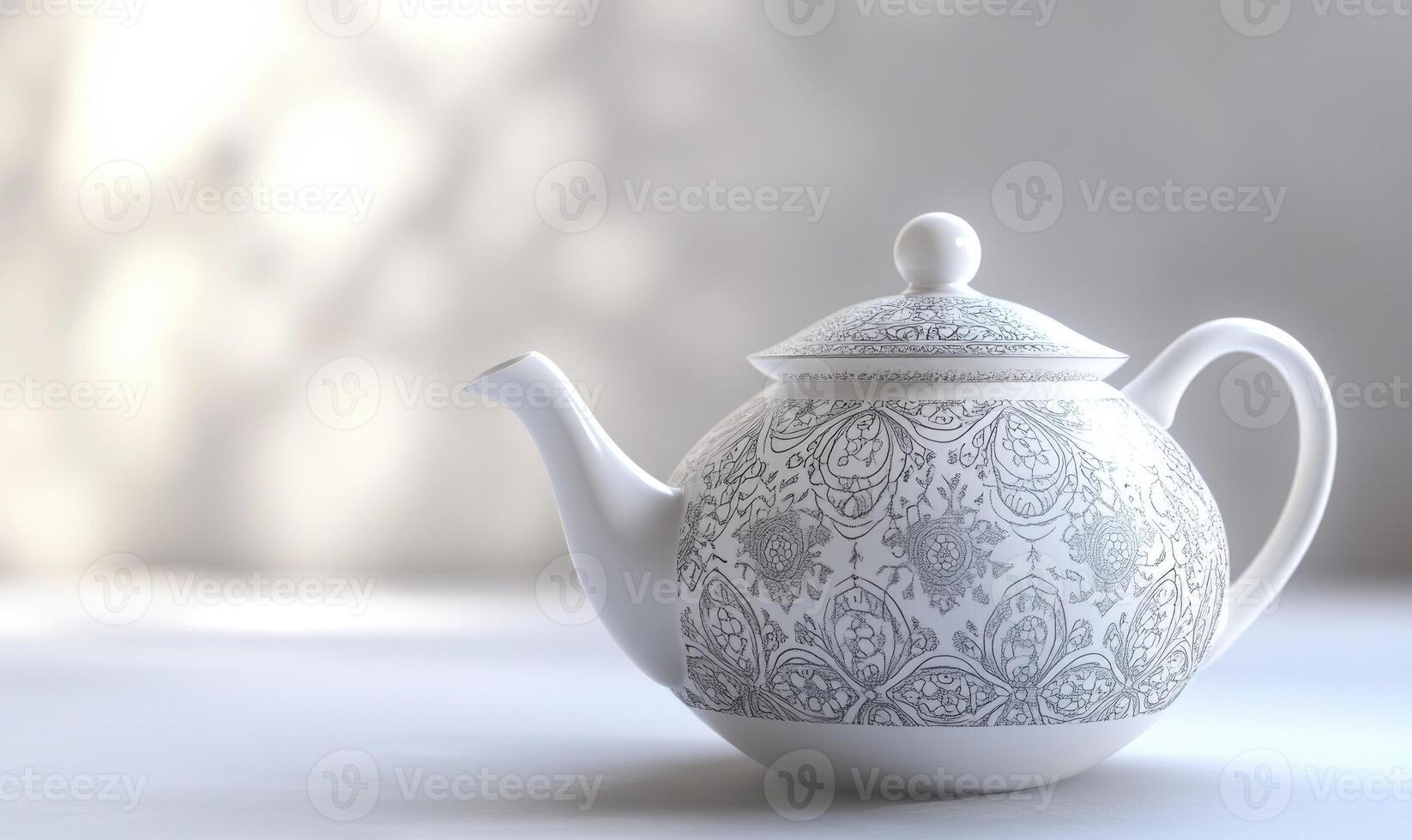 A white tea kettle with a black and white design sits on a table photo