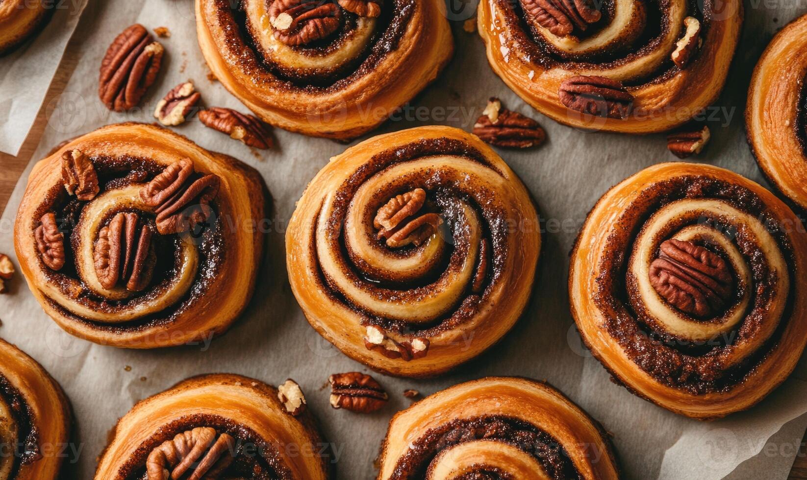 A plate of cinnamon rolls with nuts on top photo