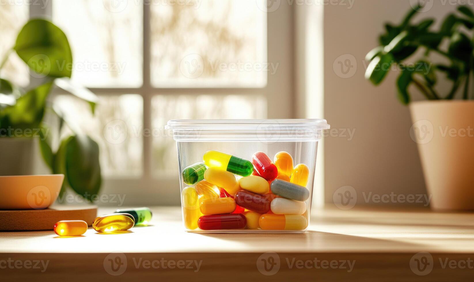 a container of pills on a table next to a plant photo