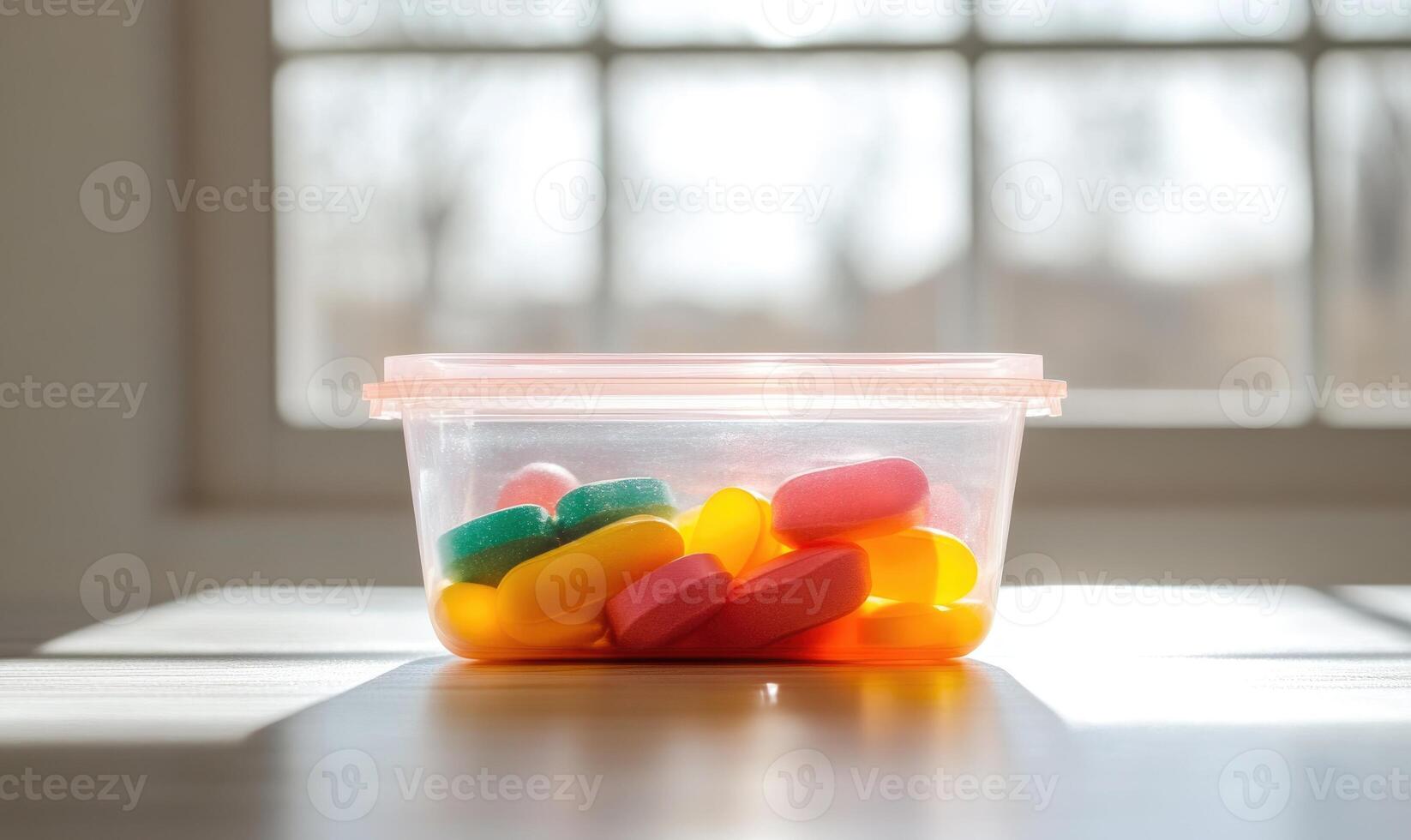 a plastic container filled with colorful pills photo
