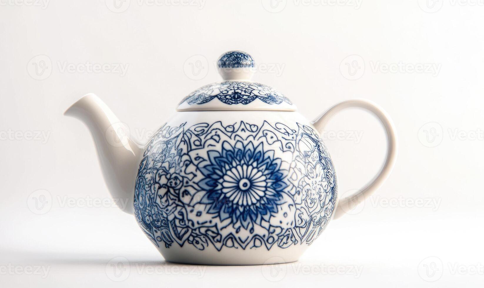 a blue and white teapot with a flower design photo