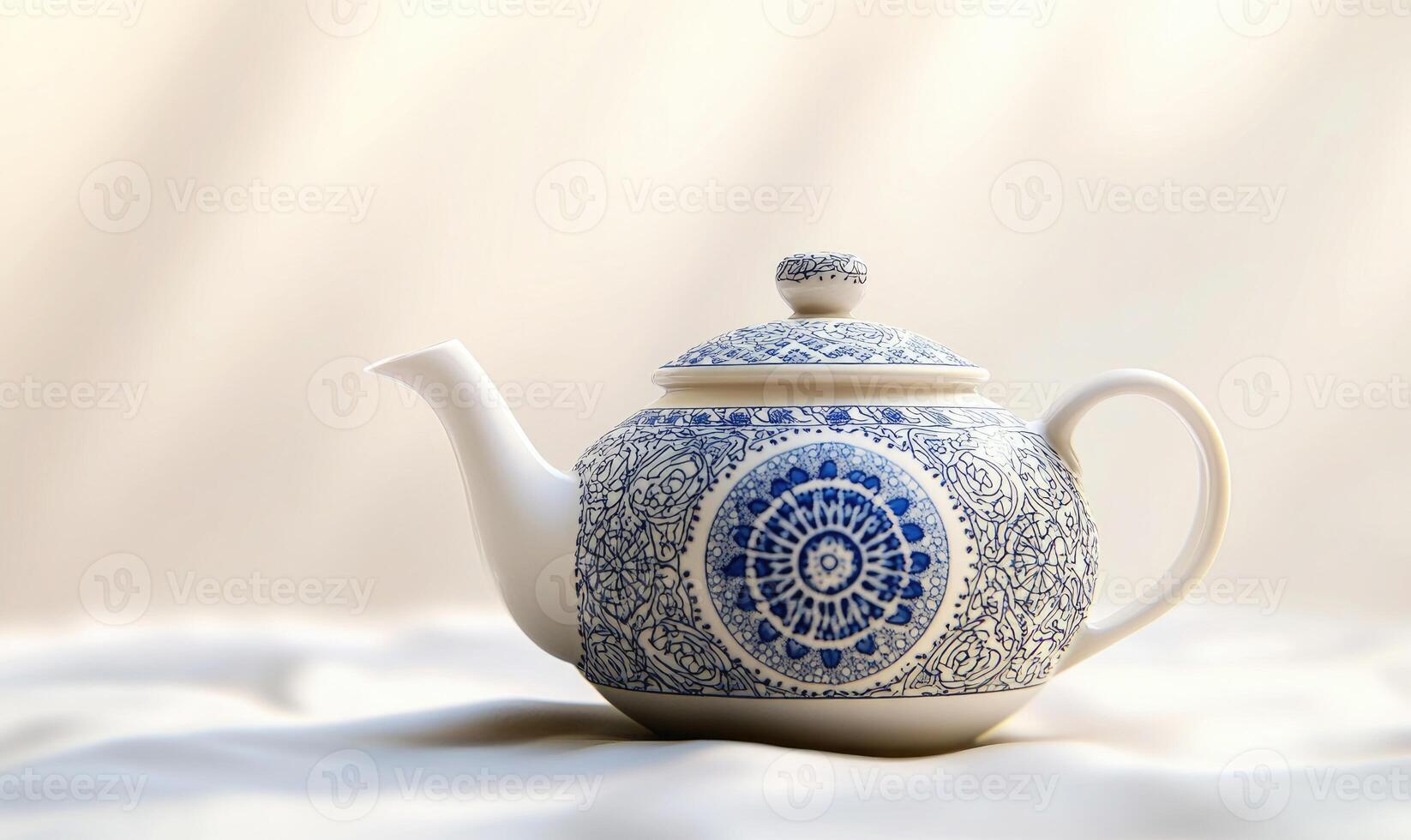 A blue and white tea pot with a blue flower design closeup photo