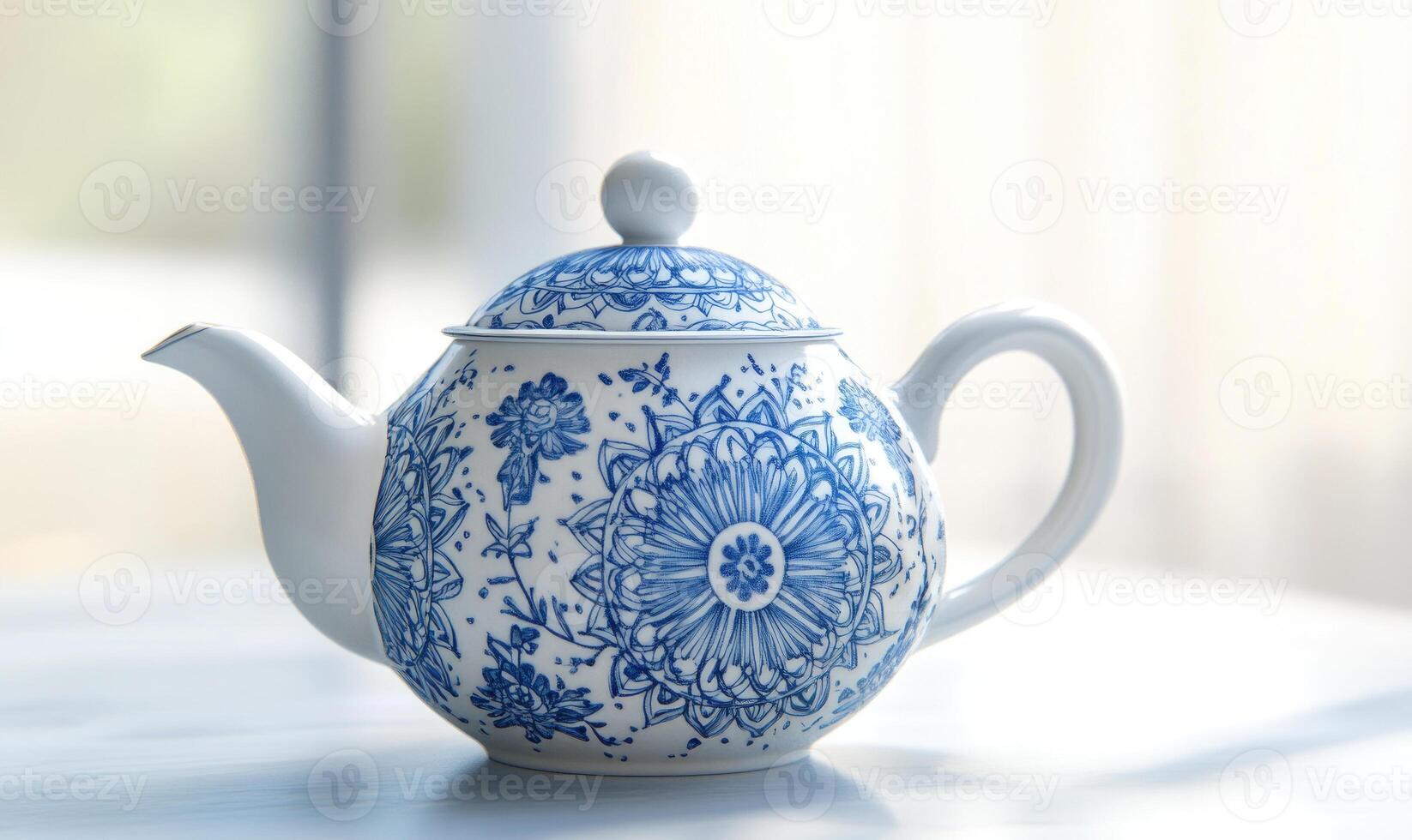 a blue and white teapot on a table photo