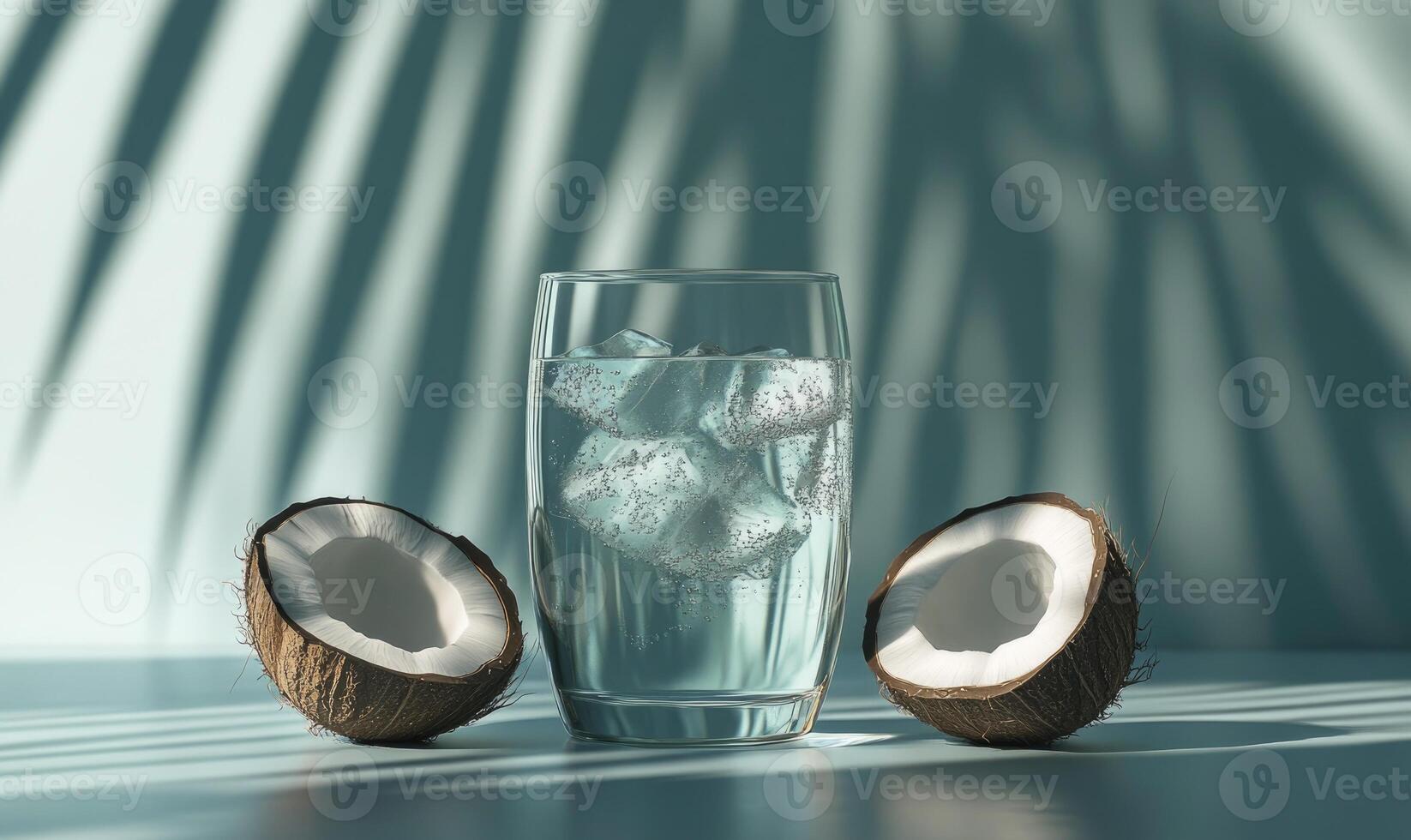 coconut water with ice cubes on a table closeup photo