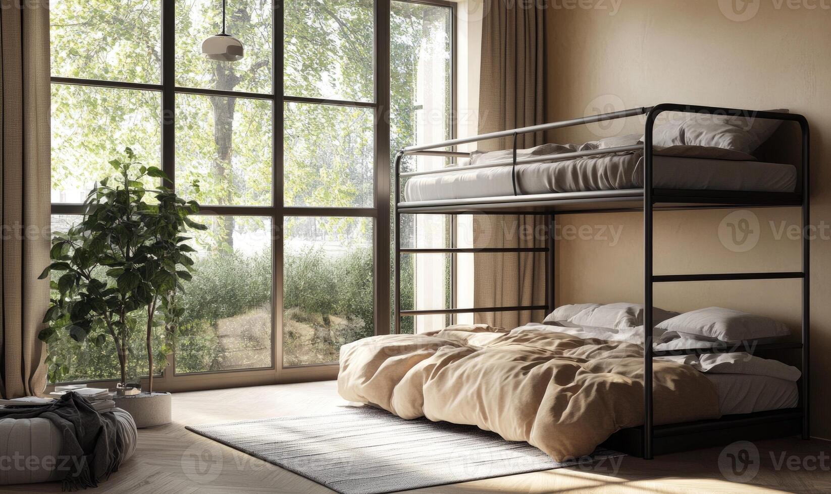 A bed with a ladder and a window above it photo