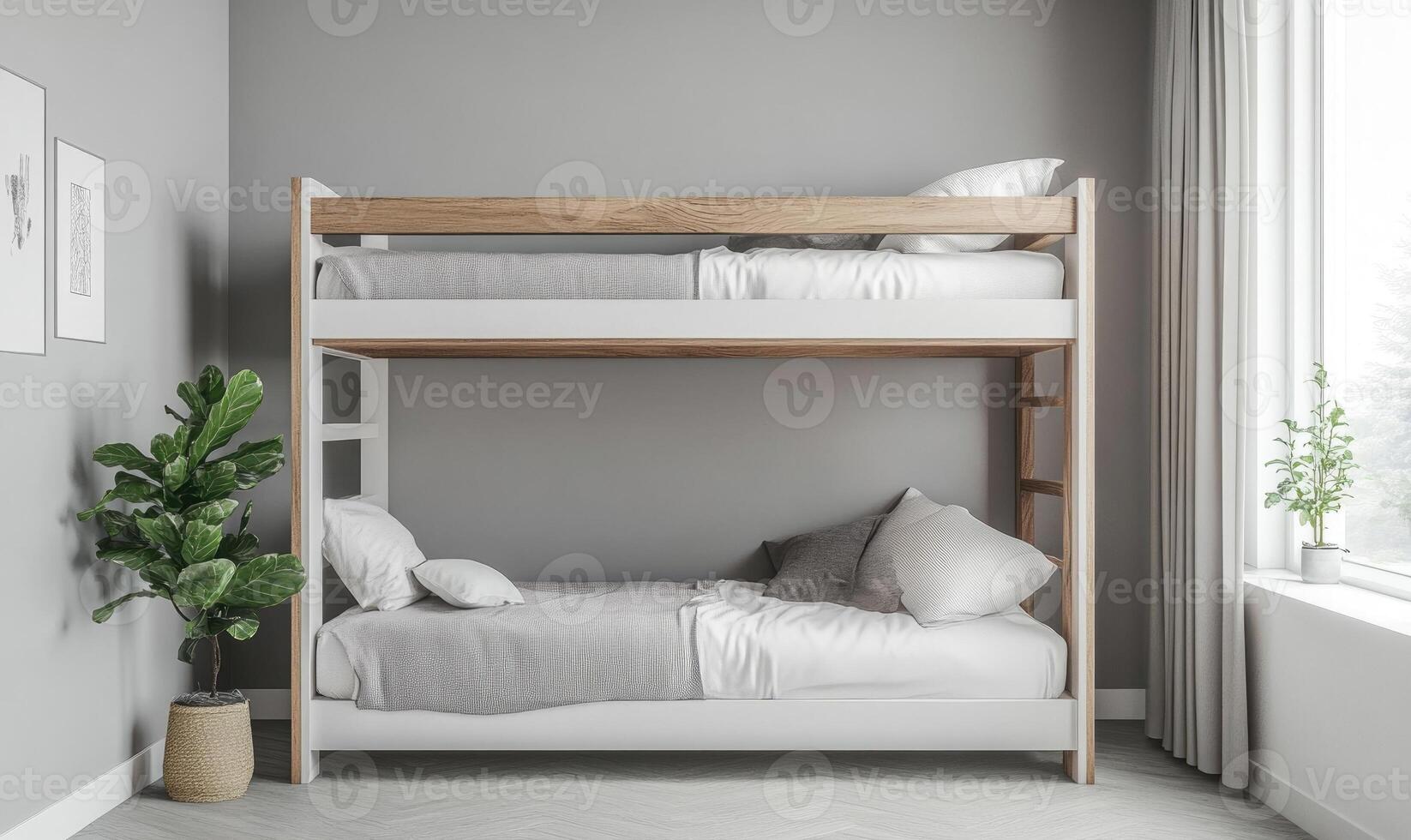 A bunk bed with a white bedspread and pillows photo