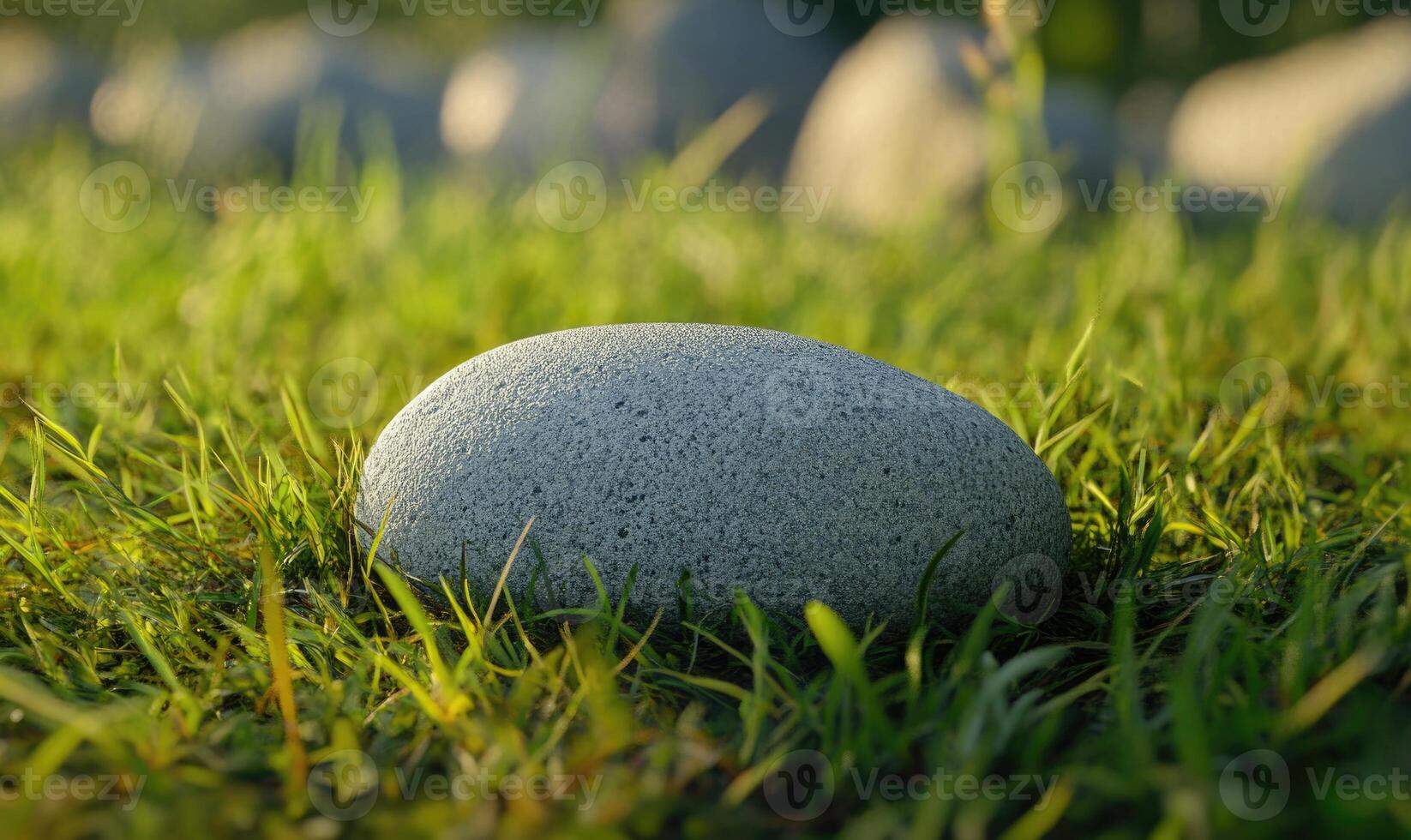 A gray rock is sitting on the grass photo