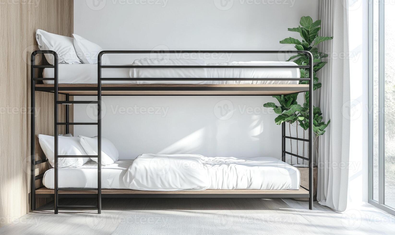 A bunk bed with a white sheet and a green plant in the corner photo