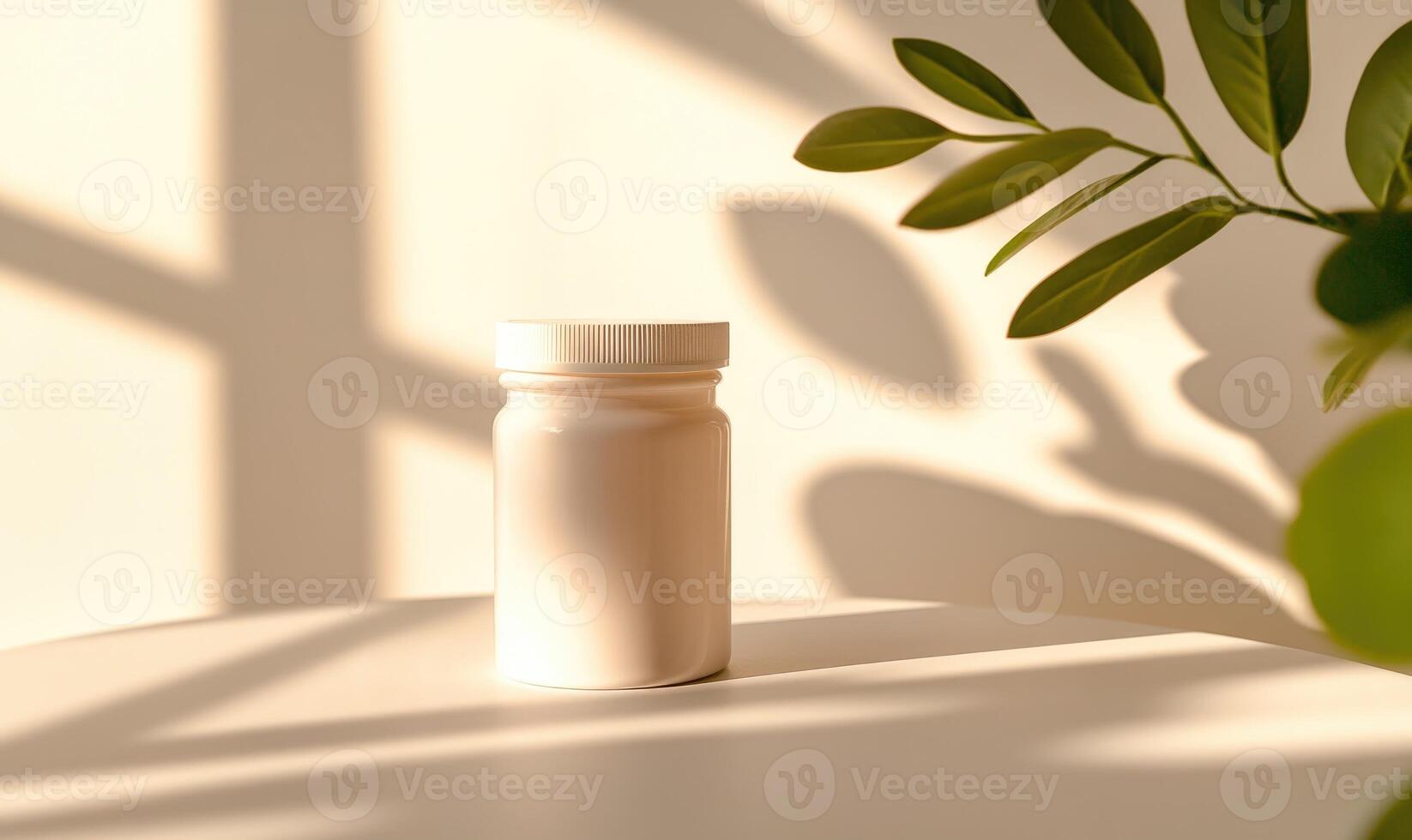 A white jar with a lid sits on a table photo