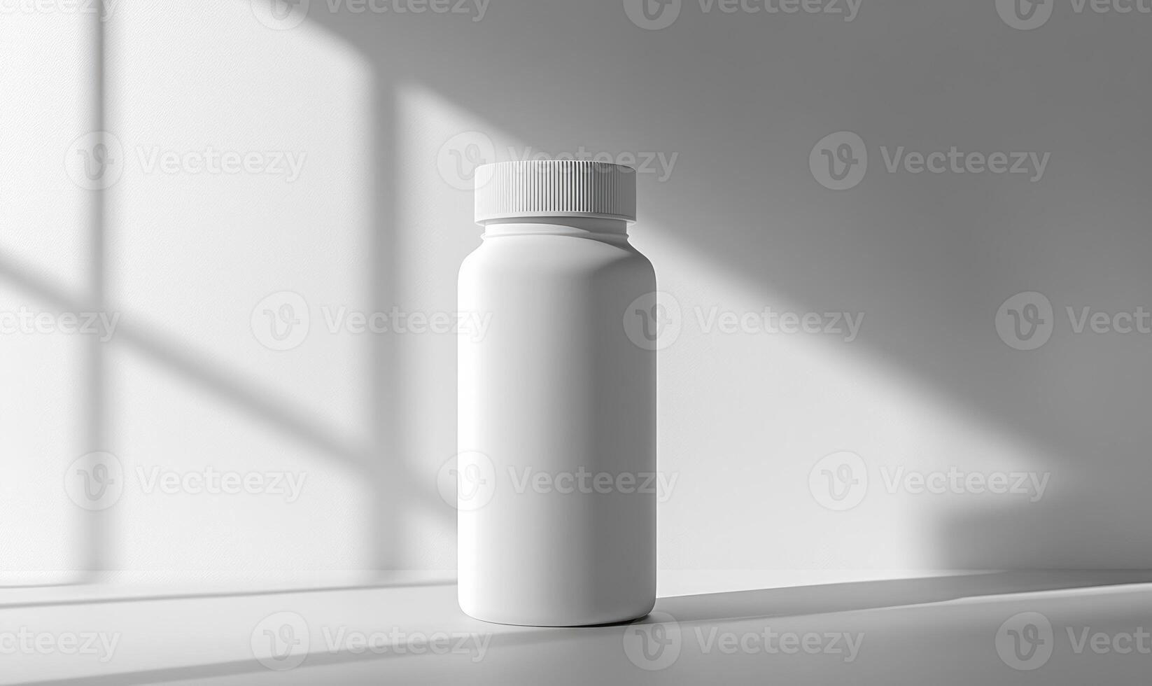 A white bottle with a white lid sits on a table photo