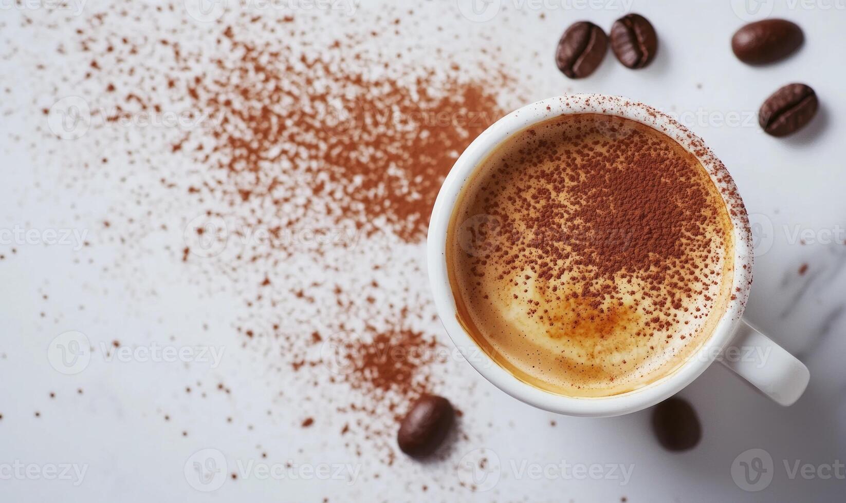 A white coffee cup with brown powder on top photo