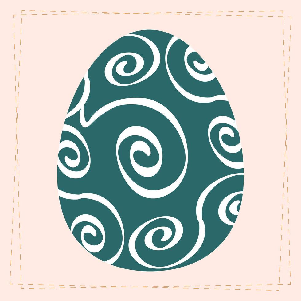 Flat design Easter egg illustration with swirl patterns in a modern, minimalist style. Dark green and white color scheme on a soft pastel background. vector