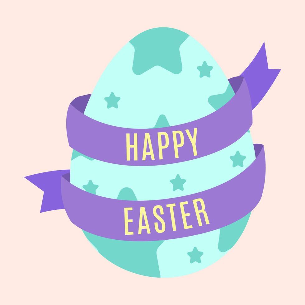 A light blue Easter egg with star patterns, wrapped in a purple ribbon with the words HAPPY EASTER on a light pink background. vector