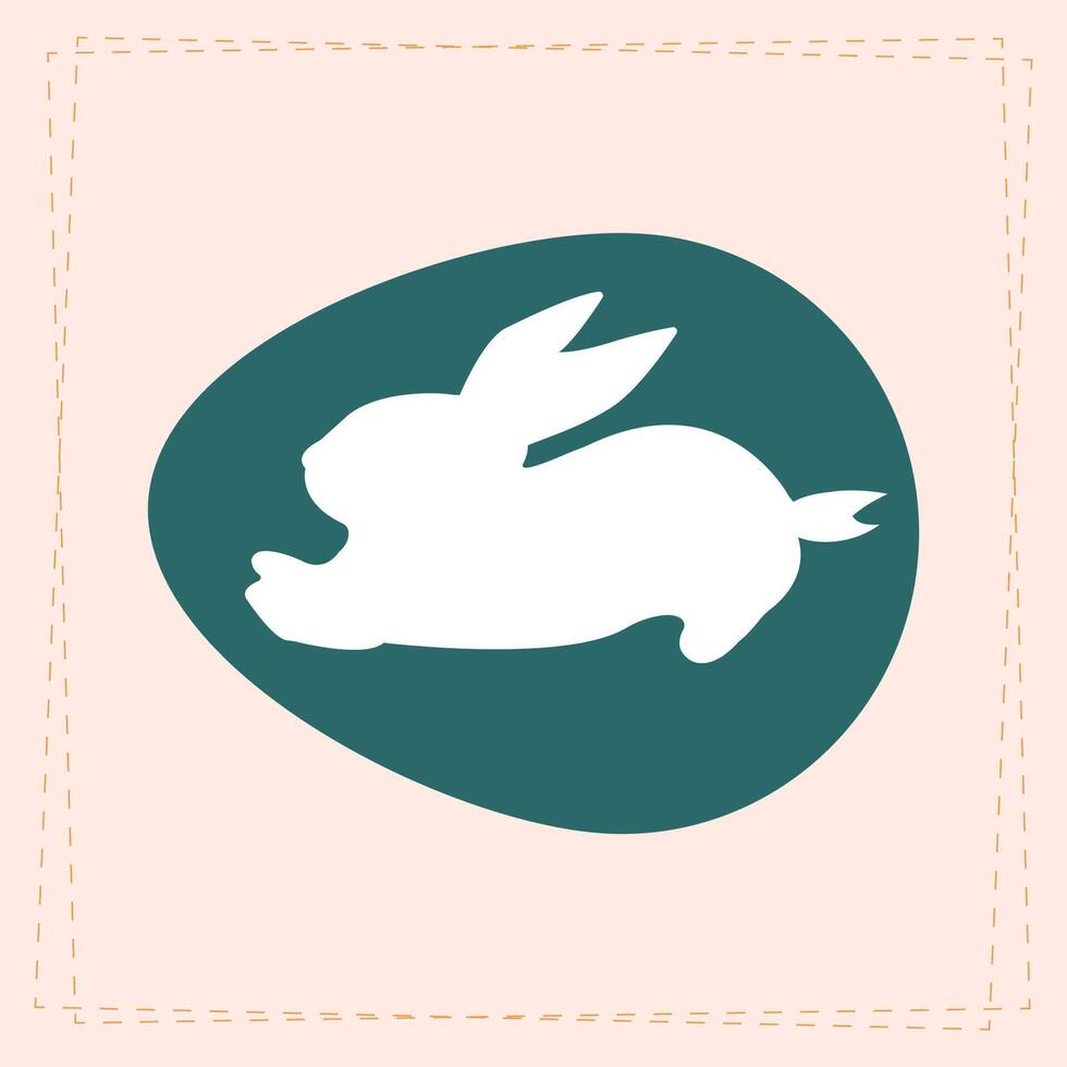 Minimalist Easter egg design featuring a running white rabbit silhouette on a dark green background. Simple and modern style, ideal for holiday decoration, greeting card. vector