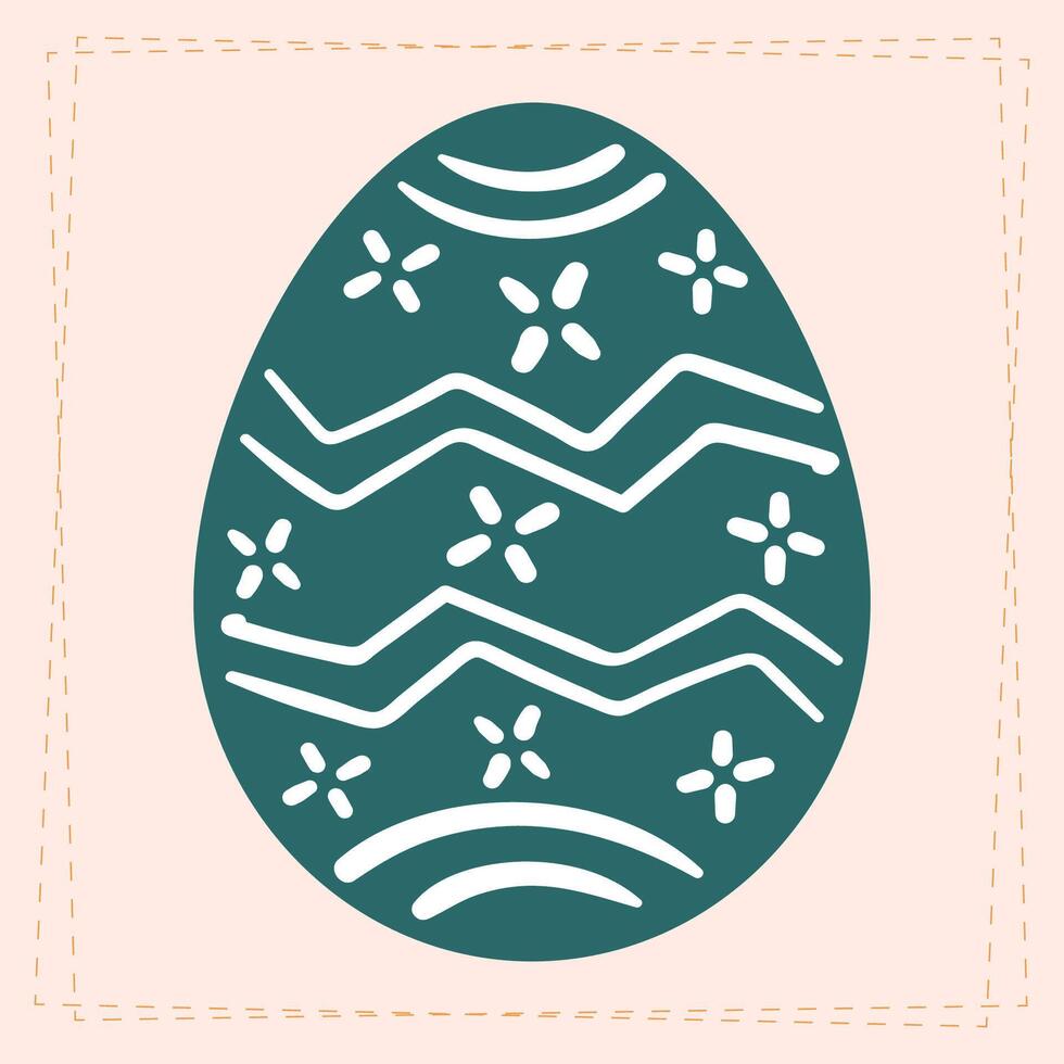Flat design Easter egg illustration with floral and geometric patterns in a modern, minimalist style. Dark green and white color scheme on a soft pastel background. vector