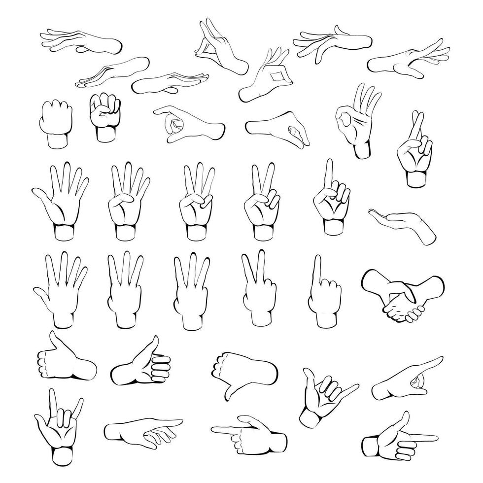 Hands poses. Hand holding and pointing gestures, fingers crossed, fist, peace and thumb up. Sketch out line human palms and wrist set. Communication or talking with emoji for messengers vector