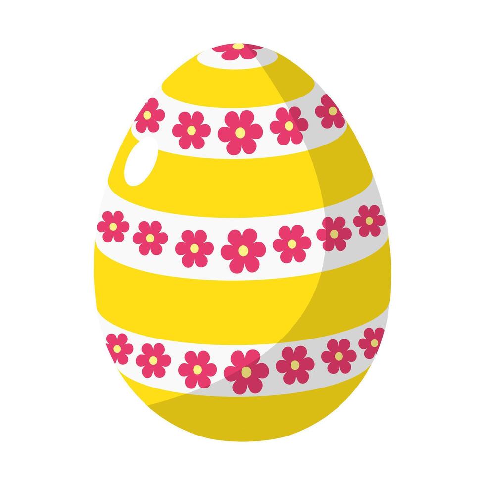 A cheerful Easter egg with yellow stripes and pink floral patterns, featuring a white oval accent, set against a white background. vector