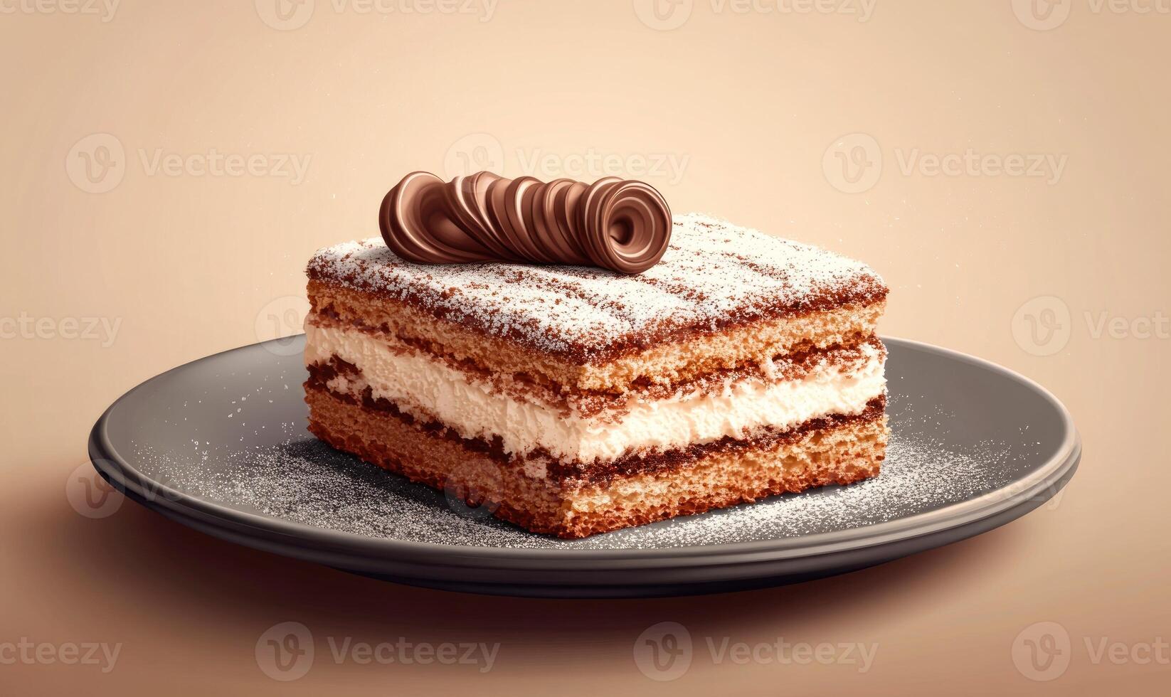 A slice of cake with a chocolate swirl on top photo