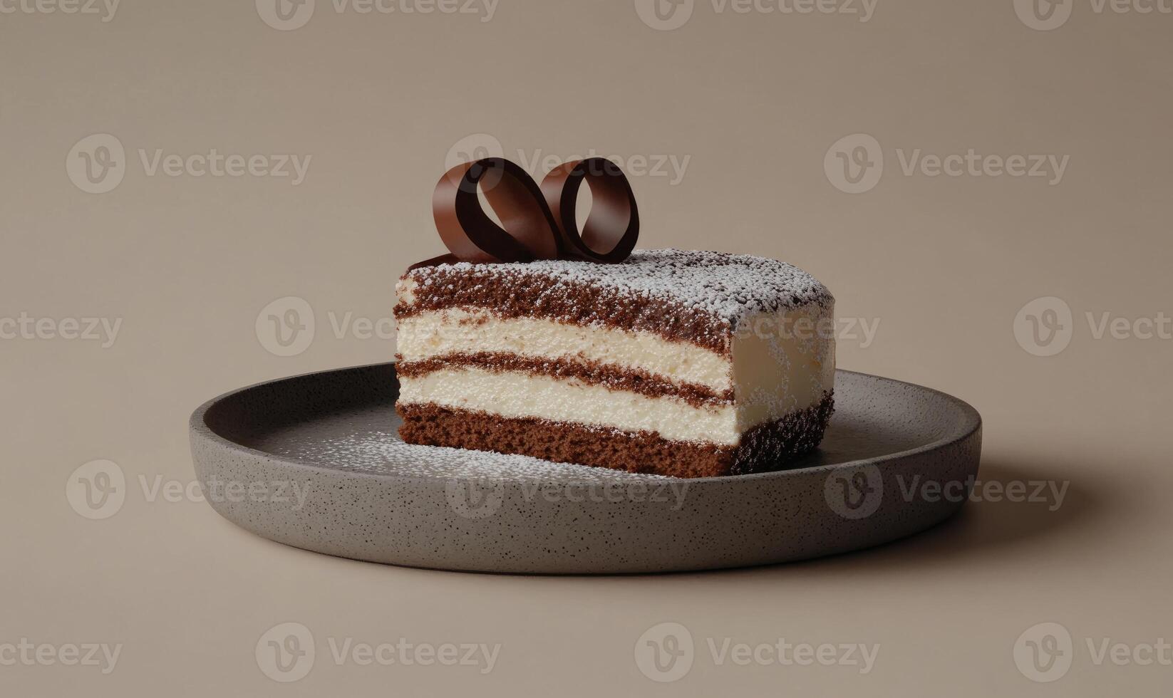 A slice of cake with chocolate and powdered sugar on top photo