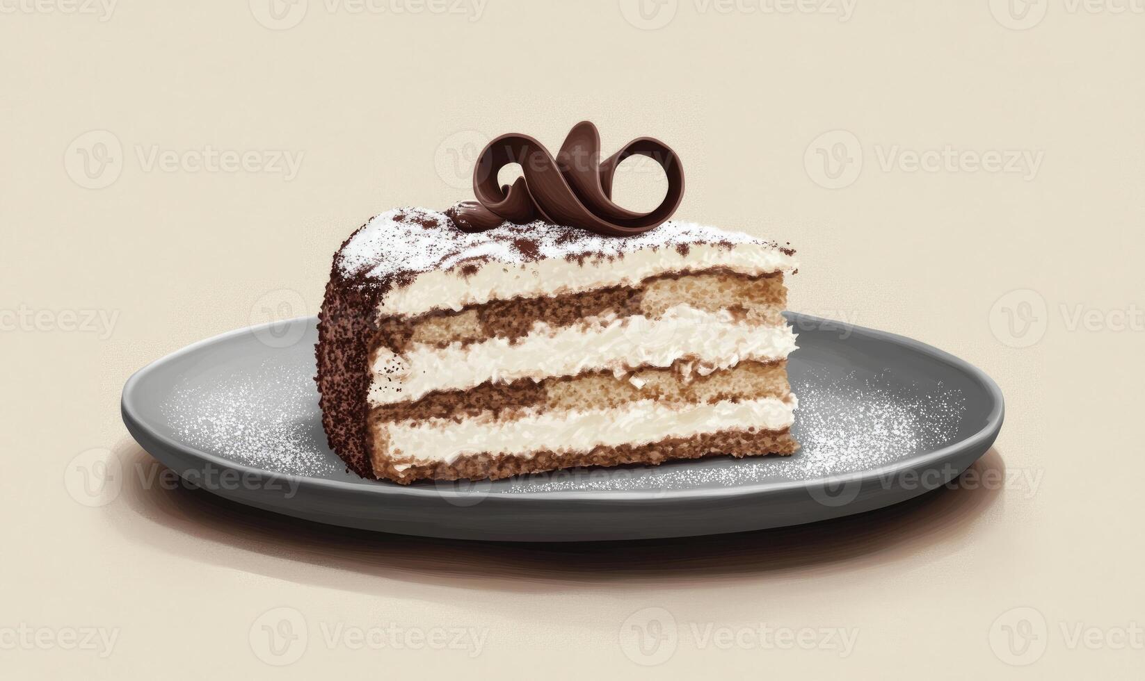 a piece of cake on a plate with a chocolate frosting photo