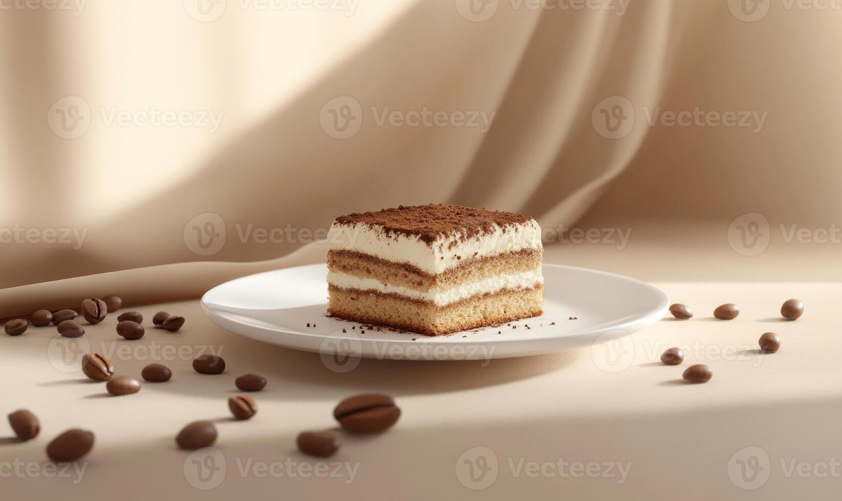 A slice of cake with chocolate and white frosting on a white plate photo