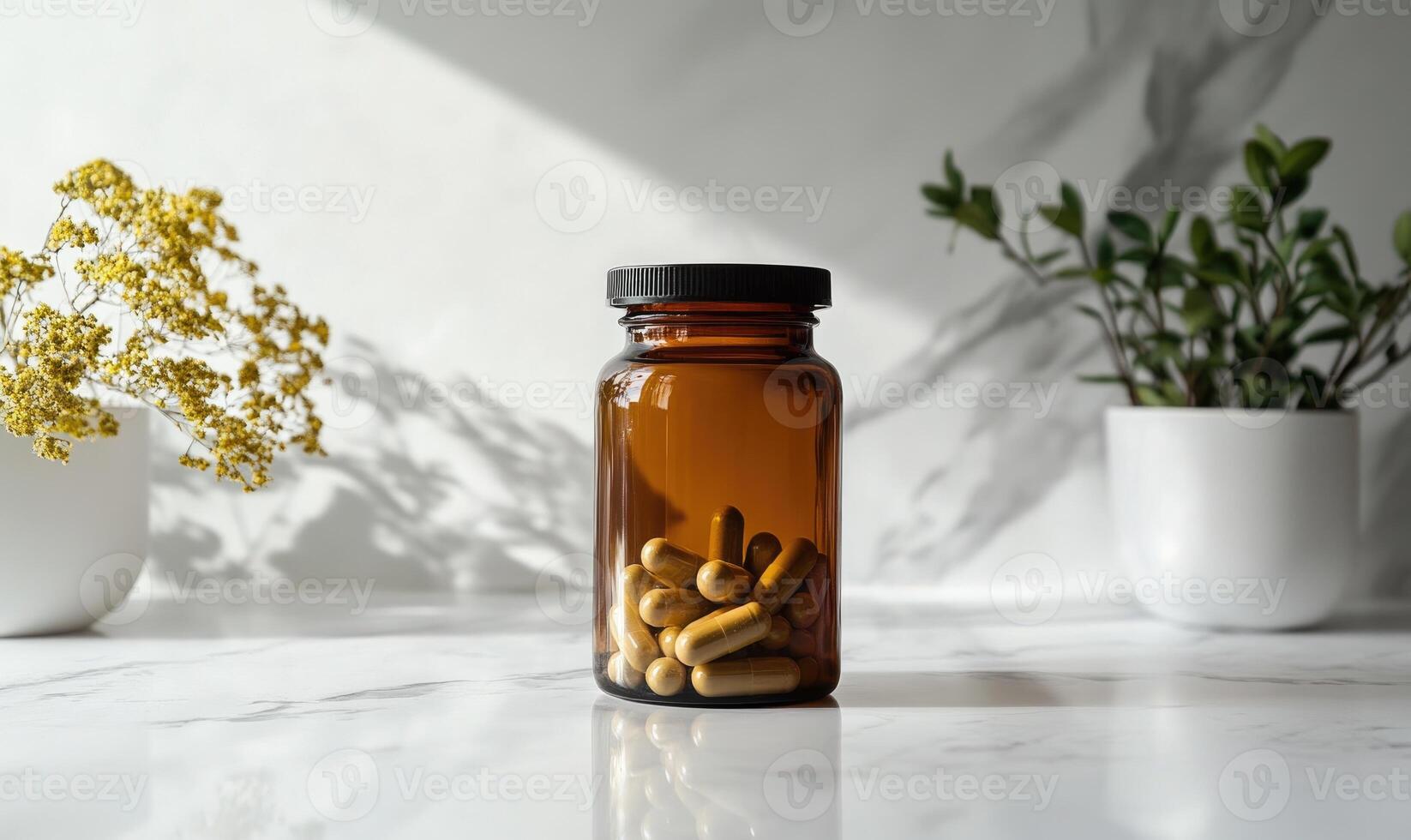 a bottle of pills on a table with flowers photo