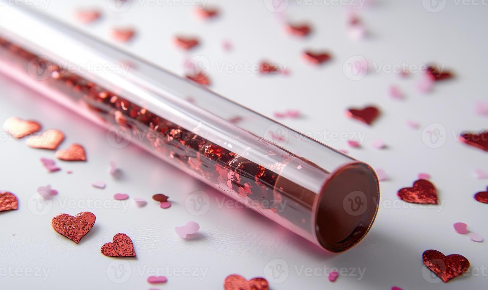 A tube of red glitter with a heart on it photo
