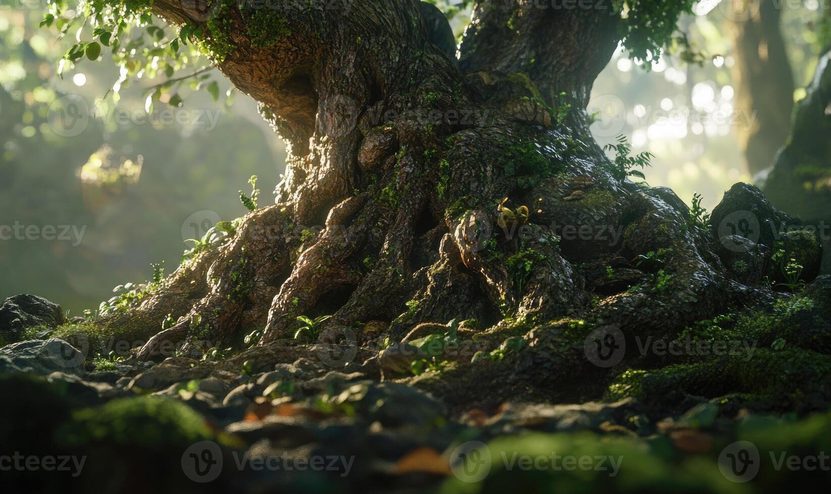 A tree with roots and moss growing on it photo