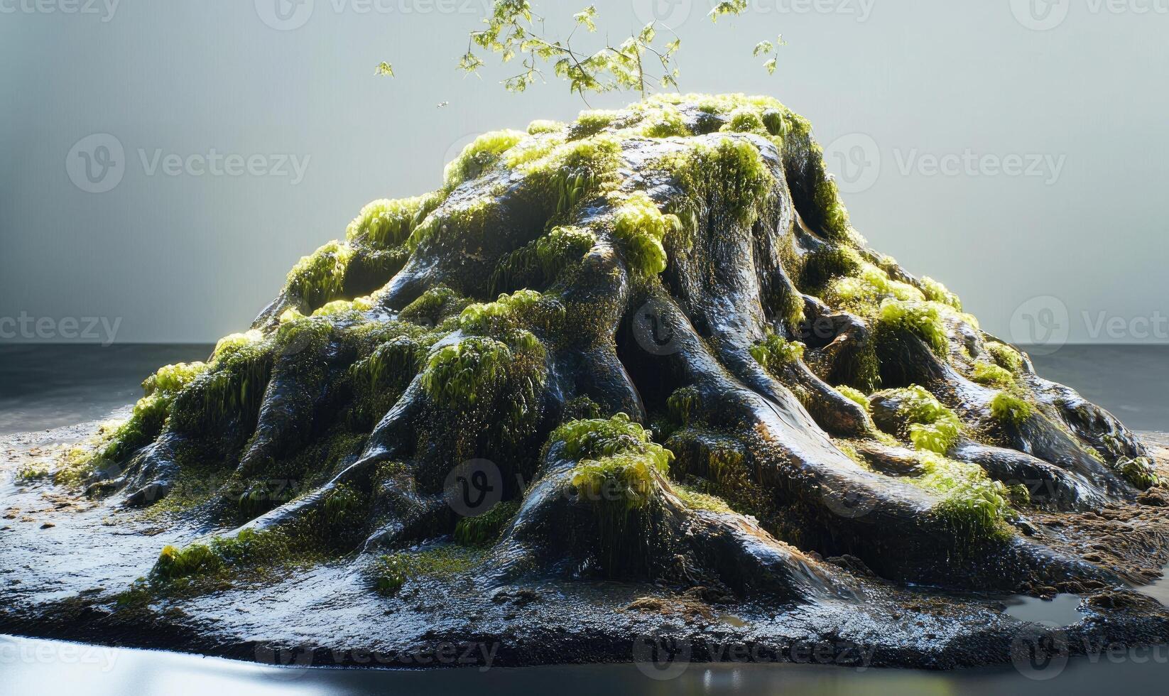 A large rock covered in moss and plants photo