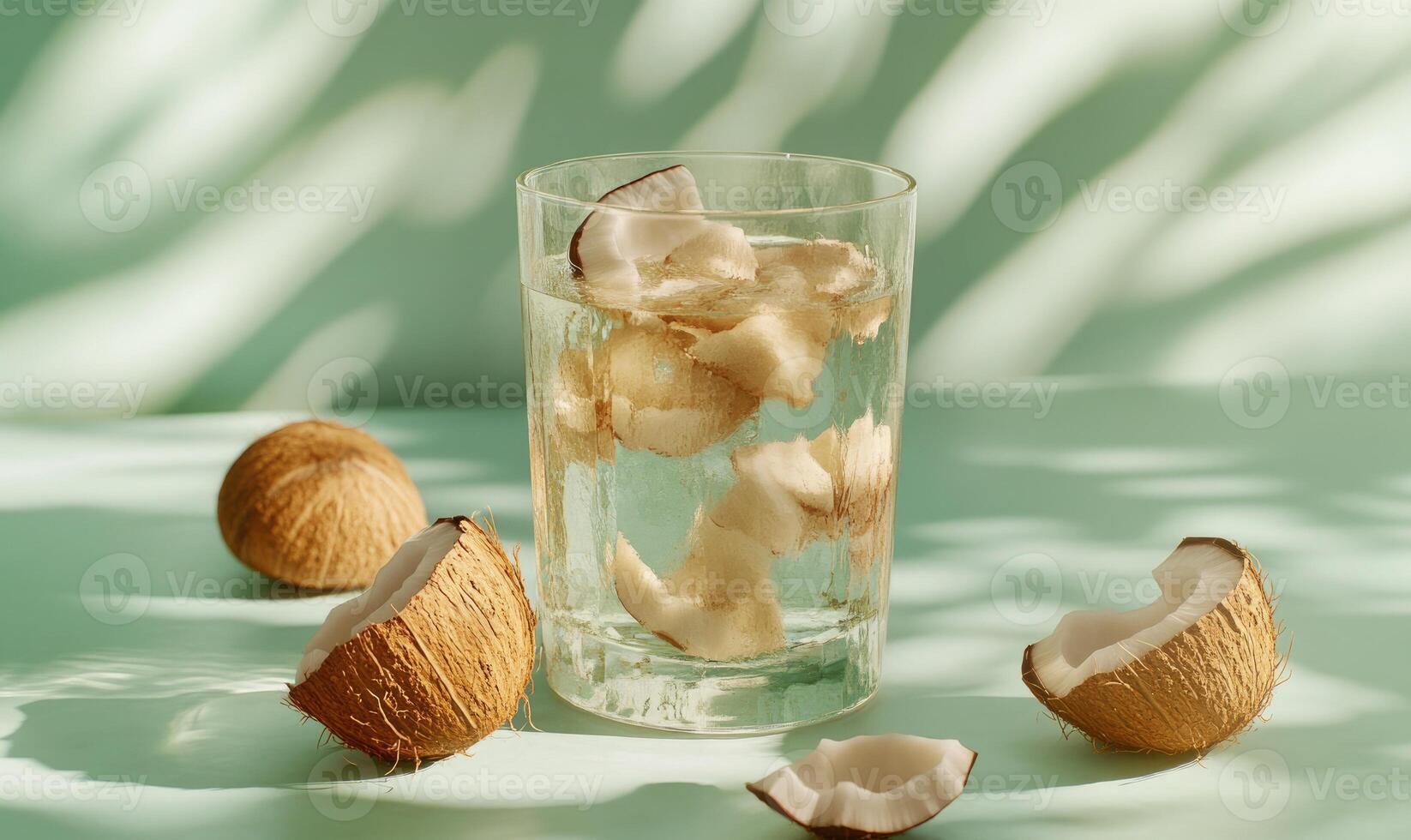 coconut water with ice cubes on a blue background, shadow and light photo