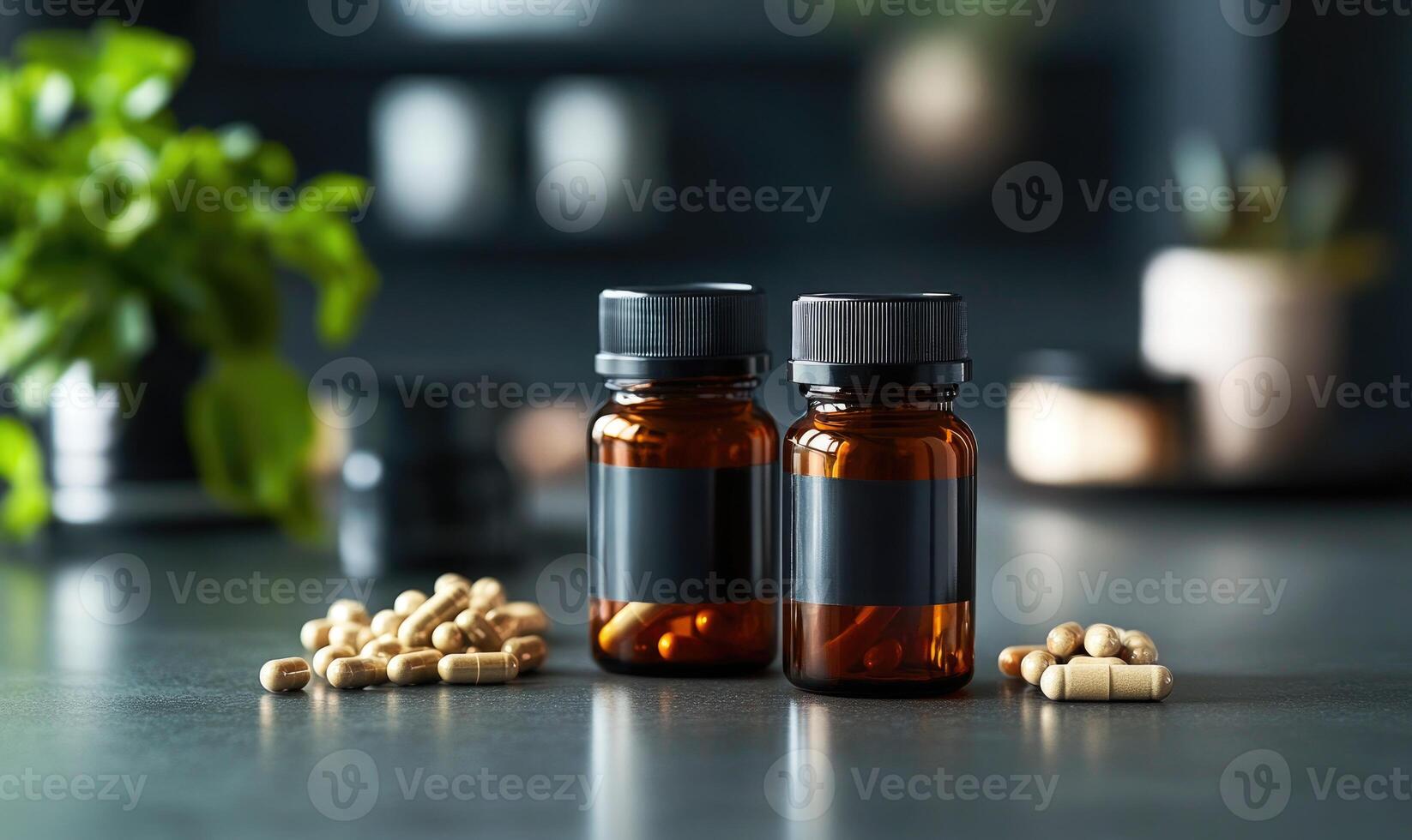 Two bottles of pills are on a table with a pile of pills in front of them photo